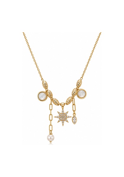 Pearl Collection Serena Yıldız Figürlü İnci Ve Taş Detaylı Sallantılı Gold Çelik Kadın Kolye Altın Altın