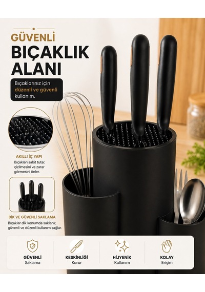 Tezgah Üstü Bölmeli Bıçaklık - Kaşık Kepçe Bıçak Standı Mutfak Düzenleyici Organizer Kaşıklık Siyah S-10137