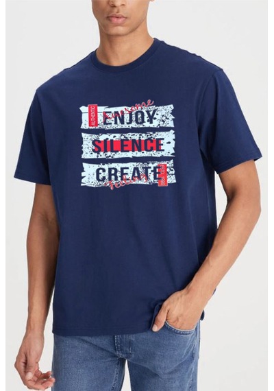Medinenur Enjoy Baskılı Unisex Bisiklet Yaka Tshirt Lacivert