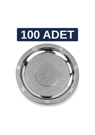 Binbir Trend 27 Cm Otantik Desenli Krom Çelik Kebap, Izgara, Meze Ve Servis Tabağı 100 Adet