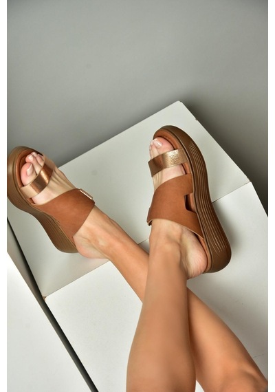 Fox Shoes S291059703 Taba/bakır Hakiki Deri Kalın Tabanlı Kadın Terlik Bakır - Taba