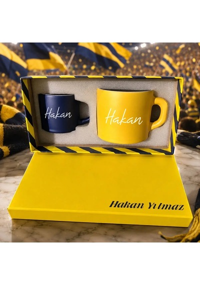 Bk Gift Kişiye Özel İsimli Kutulu Sarı Lacivert Taraftar Renkleri Temalı İkili Seramik Kupa&fincan Seti-2 Çok Renkli