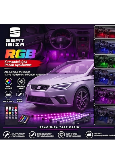 Seat Ibiza Ayak Altı Led Kumandalı Araç Içi Aydınlatma 4 Lü Sese Duyarlı Renk Değiştirme Özellikli