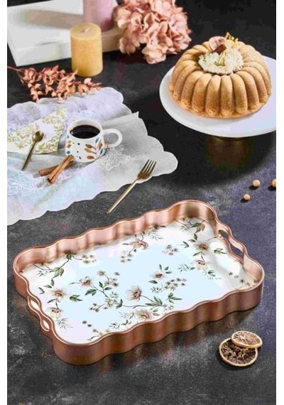 Dijital Baskılı Cam Servis Tepsisi Çiçek Motifli Bakır Renk , 40x28 Cm