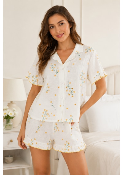 Lovensy Ekru Çiçek Desen Pijama Şortlu Takım Beyaz - Ekru