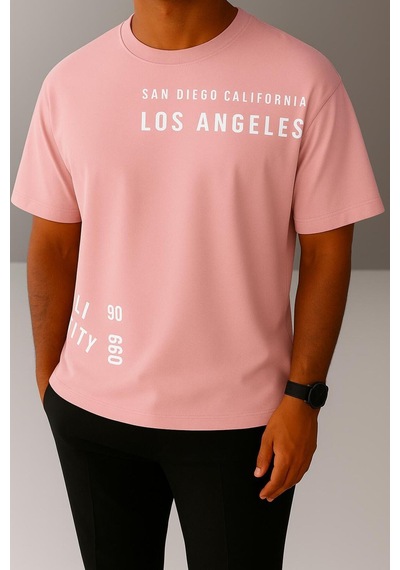 Los Angeles Baskılı Unisex Oversize Tişört Pembe