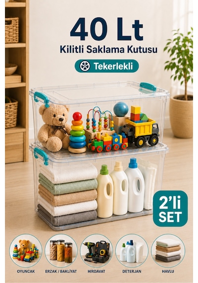 2'li Set 40 Lt Tekerlekli Kilitli Saklama Kutusu Çok Amaçlı Düzenleyici Hırdavat Oyuncak Erzak Kabı