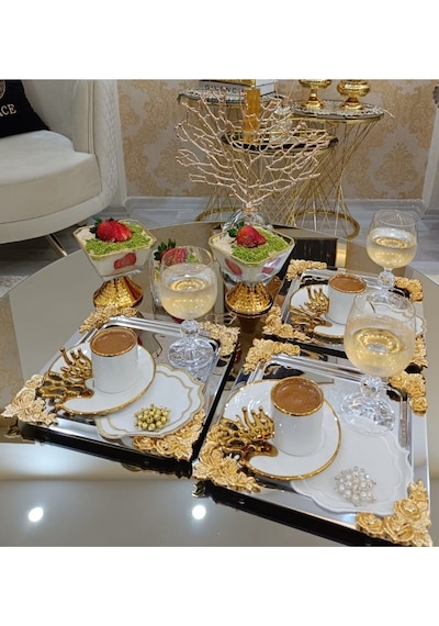 Atabey Home Collection 1 Adet Kahve & Çay & Sunum Tepsisi Tekli Metal Döküm Gül Model