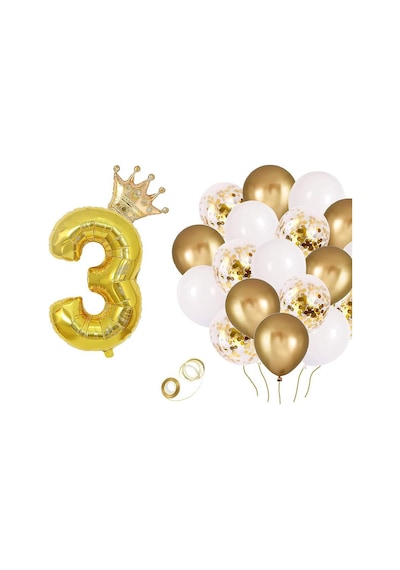 3 Rakam Gold Folyo Balon, Kral Tacı Ve Konfetili Gold Balon