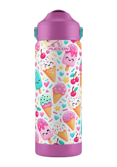 Puccon 540 Ml Renkli Dondurma Desenli Pembe Kız Çocuk Pipetli Çelik Termos Matara/suluk - 60049