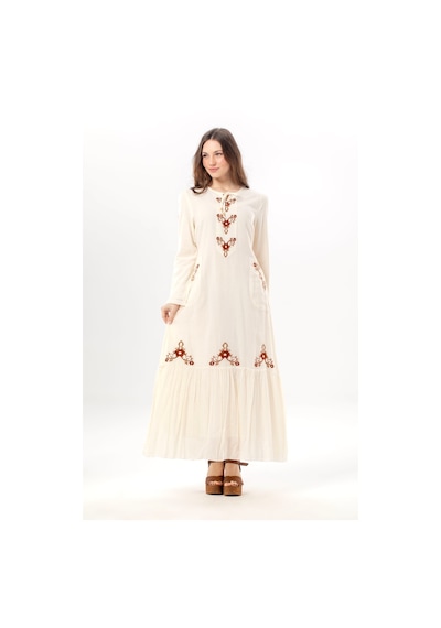 Eliş Şile Bezi Uzun Kol Zühre Nakış Detaylı Bağcık Yaka Cepli Vual Uzun Elbise Krem Krm