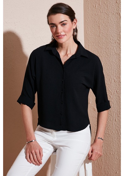 Lela Oversize Fit Önü Kısa Arkası Uzun Truvakar Kol Bayan Gömlek 5866116 Siyah