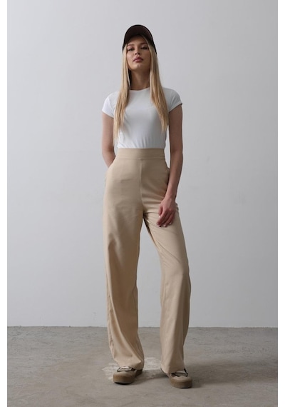 Ge Ticaret Beli Yarım Lastikli Palazzo Pantolon - Camel Camel