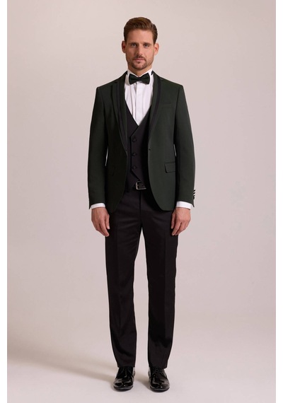 Ysf Erkek Yeşil Slim Fit Şal Yaka Yelekli Damatlık