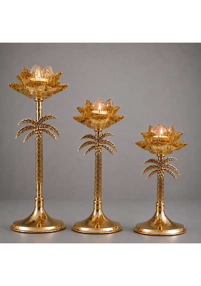 Palmiye Desenli Gold Cam Lotus Şamdan 3 Boy Dekoratif Mumluk Amber - Gold