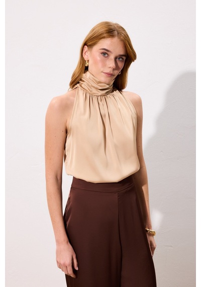 Sateen Boğazlı Kolsuz Bluz - Camel-136544 CAMEL