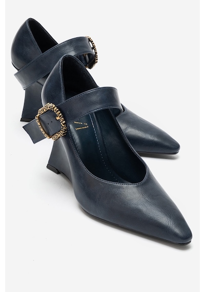Luvi Shoes Lyons Lacivert Cilt Tokalı Kadın Dolgu Topuklu Ayakkabı