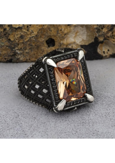 Kare Sitrin Taşlı 925 Gümüş Erkek Yüzük Beyaz