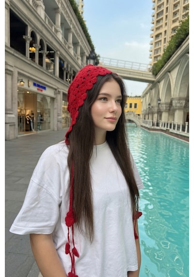 Mollycrush Kırmızı Yazlık Çiçek Motifli Örgü Bandana Kadın Plaj Hair Band Kırmızı