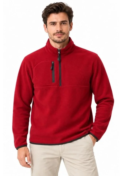 Butik İstanbul Erkek Polar Dik Yaka Yarım Fermuarlı Fermuarlı Göğüs Cepli Regular Fit Kışlık Sweatshirt - Bordo