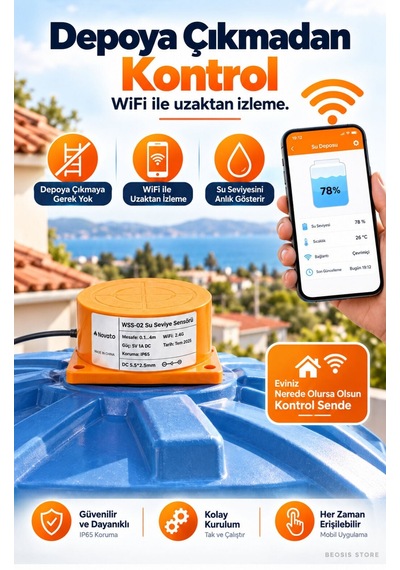 Wifi Ekranlı Akıllı Su Seviyesi Ölçer Fonri, Tuya, Smart Life, Google Assistant, Amazon Alexa Deste
