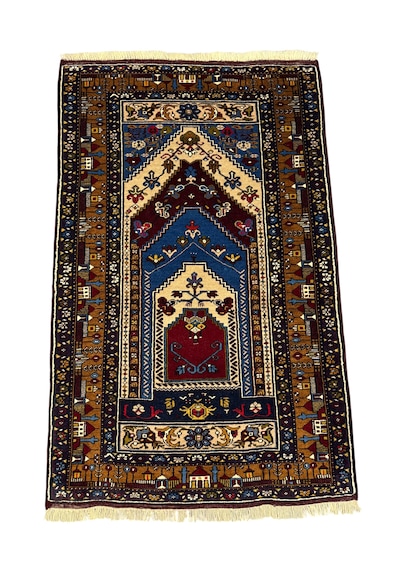El Dokuma Sıfır Yahyalı Halısı 110x187 Kemerli Model Kök Boya %100 Yün Halı Lacivert