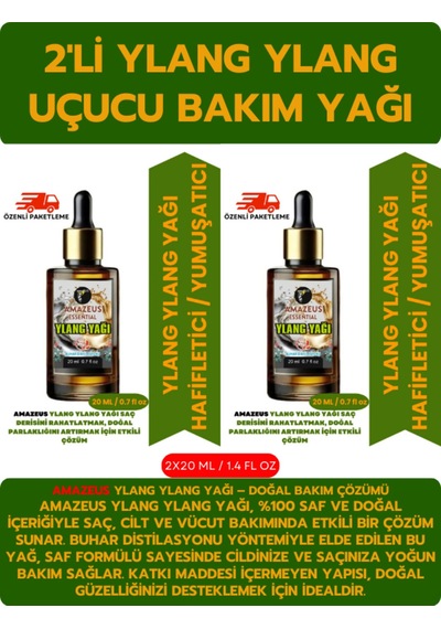 Amazeus Ylang Ylang Uçucu Yağı 2'li %100 Saf Ve Doğal Besleyici Etki 2x20 Ml / 1.4 Fl Oz
