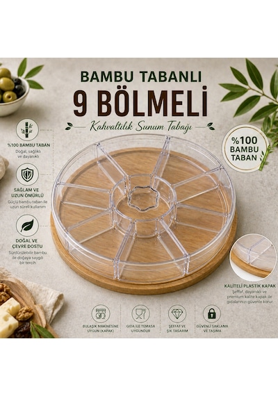 %100 Bambu Tabanlı 9 Bölmeli Kahvaltılık Sunum Tabağı-kapaklı Şeffaf Plastik Organizer,servis Tepsisi, Çerezlik&kuruyemişlik Açık Kahverengi %100 Bambu Tabanlı 9 Bölmeli Kahvaltılık Sunum Tabağı-kapaklı Şeffaf Plastik Organizer,servis Tepsisi, Çerezlik&kuruyemişlik Açık Kahverengi