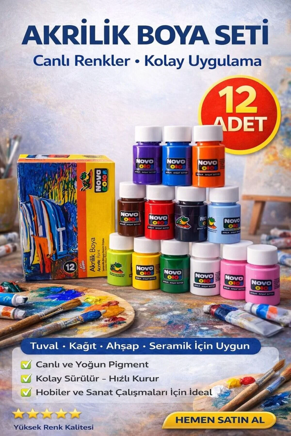 Akrilik Boya Seti 12 Li Canlı Renkler Ve Yoğun Pigment Çok Renkli