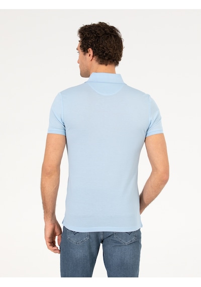 Buz Mavisi Polo Yaka Slim Fit Basic Merserize T-shirt Acık Mavı
