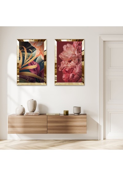 Gold Aynalı Pleksi Çerçeveli Renkli Modern Çiçekler İkili Mdf Tablo Seti