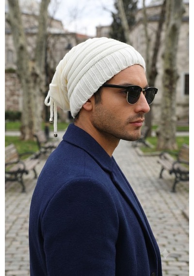 Ritagarcia Unisex Arkası İpli Büzgülü Triko Bere Kışlık Dökümlü Slouchy Beanie Bere Ekru