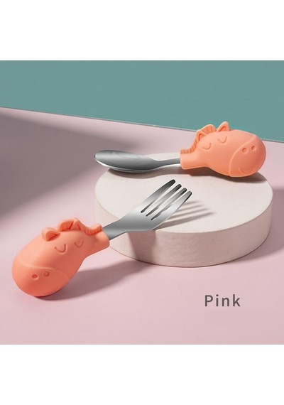 Valkyrie Bebek Zebralı Yemek Kısa Saplı Çocuk Paslanmaz Çelik Çatal Kaşık Pembe Pembe