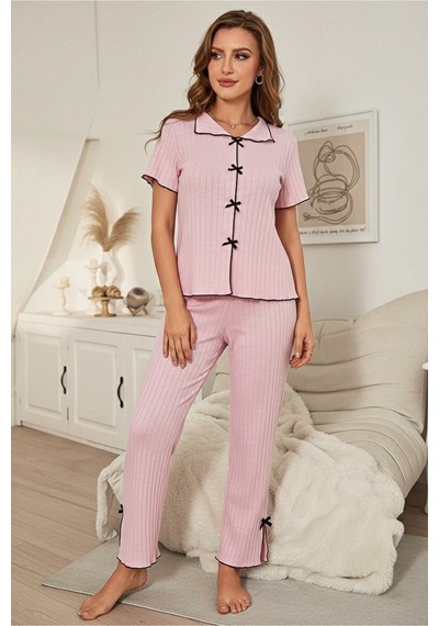 Bella Notte Pembe Pamuklu Siyah Overlok Ve Fiyonk Detaylı Kısa Kollu Pijama Takımı