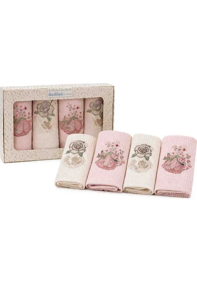 Özdilek 4 Lü Mutfak Havlusu 30x60 Cm %100 Pamuk Nakışlı Set Yumuşak Emici Şık Tasarım 4 Renk