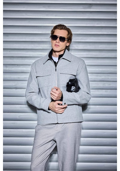 Defacto Slim Fit Dar Kesim Polo Yaka Astarlı Fermuarlı Cepli Kışlık Mont F0461AX25AU Gri