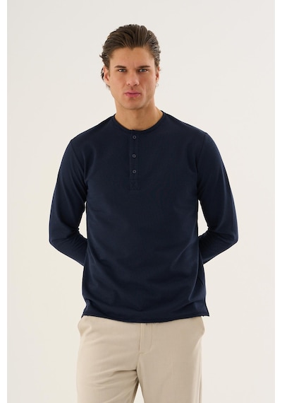 Alexandergardi Waffle Kumaş Düğmeli Yaka Uzun Kollu Sweatshirt Lacivert