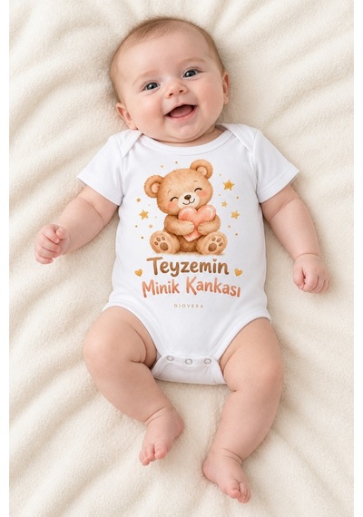 Gıovera Teyzemin Minik Kankası Ayıcık Baskılı Beyaz Kısa Kollu Pamuklu Bebek Zıbın Body