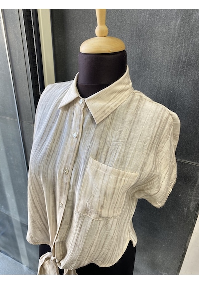 Pera Moda Önden Bağlamalı Keten Görünümlü Viskon Crop Gömlek Taş