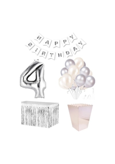4 Yaş Beyaz Gümüş Balon Rakam Folyo Banner Mısır Kutusu Masa Et
