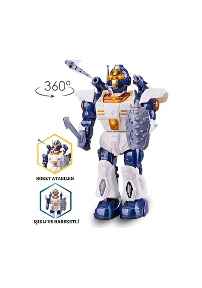 Büyük Boy Işıklı Sesli Ve Roket Atan Savaşçı Robot Oyuncak - 360 Derece Dönen Yürüyen Robot 34 Cm
