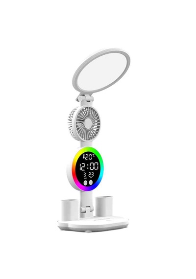 Monozone Rgb Yuvarlak Başlı Masa Lambası Fanlı Saatli 3renk Dokunmatik Şarjlı Kalemlik Telefon Standı Beyaz