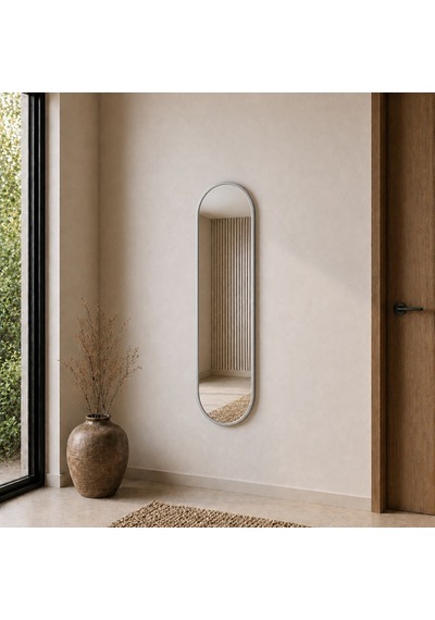 Modern Oval Boy Aynası 40x120 Cm Minimalist Çerçeveli Dekoratif Duvar Aynası 2026 Trend Gümüş