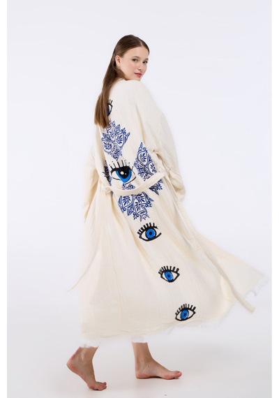 Befera Müslin Kimono Pamuklu Etnik Göz Baskılı Desenli Bornoz Kaftan Sabahlık Ekru