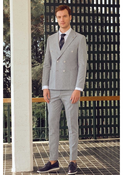 Morven Erkek Mavi Keten Trend Slim Fit Sivri Yaka Takım Elbise Mavi