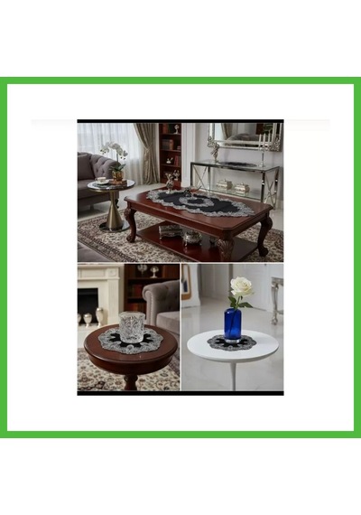 Vaveni Elora Model Siyah Velvet Kadife 5 Parça Dantelli Salon Takımı Runner Seti No 3616 Arz