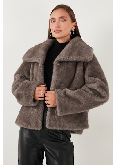 Lela Oversize Fit Geniş Yaka Astarlı Bayan Kürk 497Afra Gri