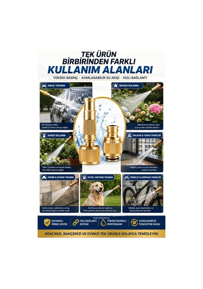 Pirinç Basınç Ayarlı Hortum Sprey Ucu Hızlı Bağlantı Adaptörlü Set Metal Bahçe Sulama Ve Araç Yıkama
