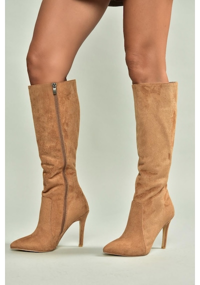 Fox Shoes N372530102 Taba Süet İnce Topuklu Kadın Çizme Taba-Süet