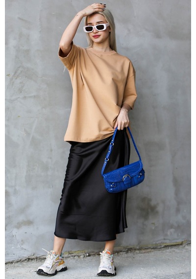 Madmext Bej Bisiklet Yaka Basic Oversize T-shirt Mg1687-bej Bej